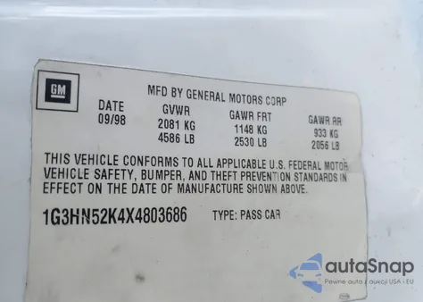 1999 Oldsmobile Eighty-Eight Ls из США, поврежденный, VIN 1G3HN52K4X4803686